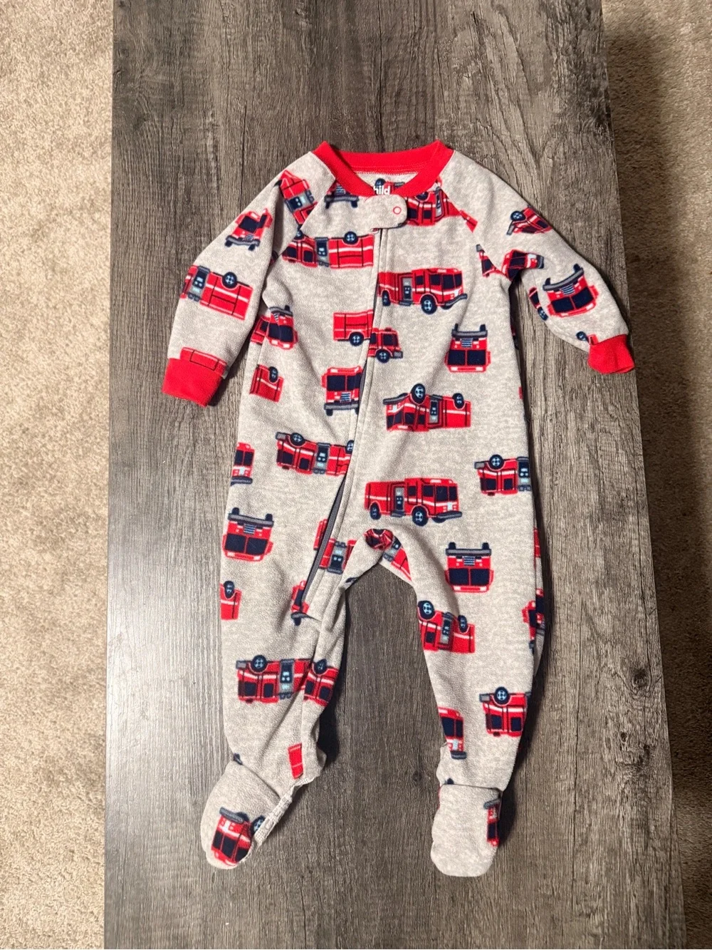 Carter's Grey Footed One-Piece with Red Firetruck Print